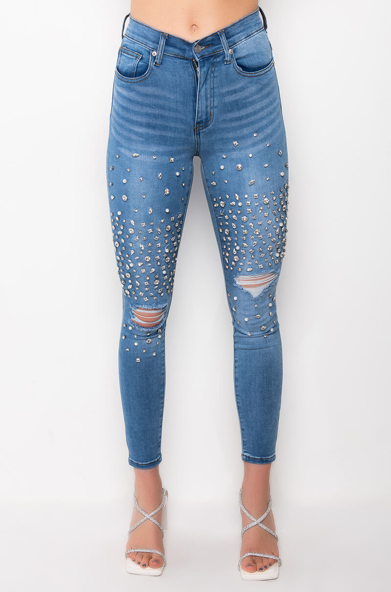 OUTTA THIS WORLD DISTRESSED RHINESTONE HIGH RISE SKINNY JEANS