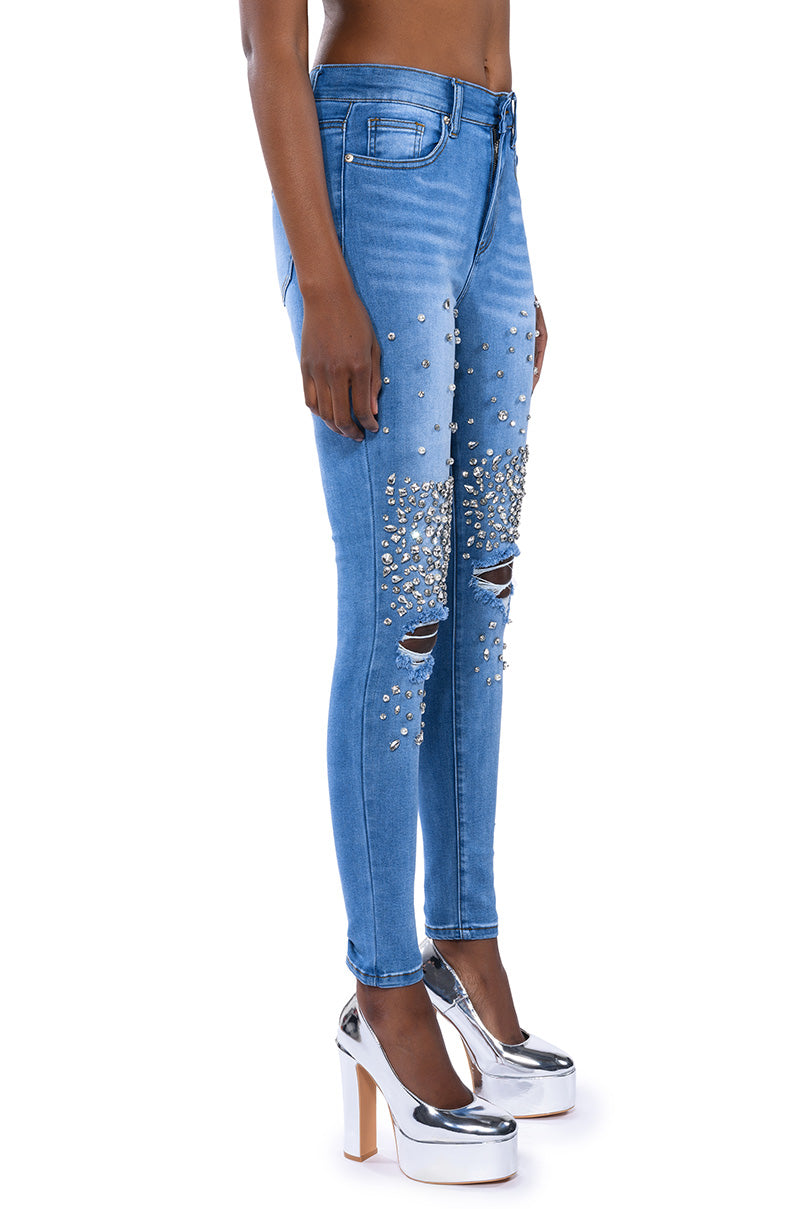 OUTTA THIS WORLD DISTRESSED RHINESTONE HIGH RISE SKINNY JEANS