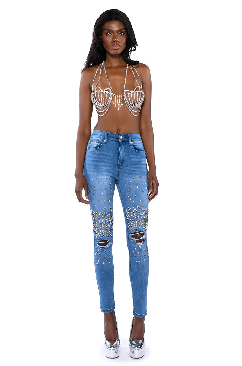 OUTTA THIS WORLD DISTRESSED RHINESTONE HIGH RISE SKINNY JEANS