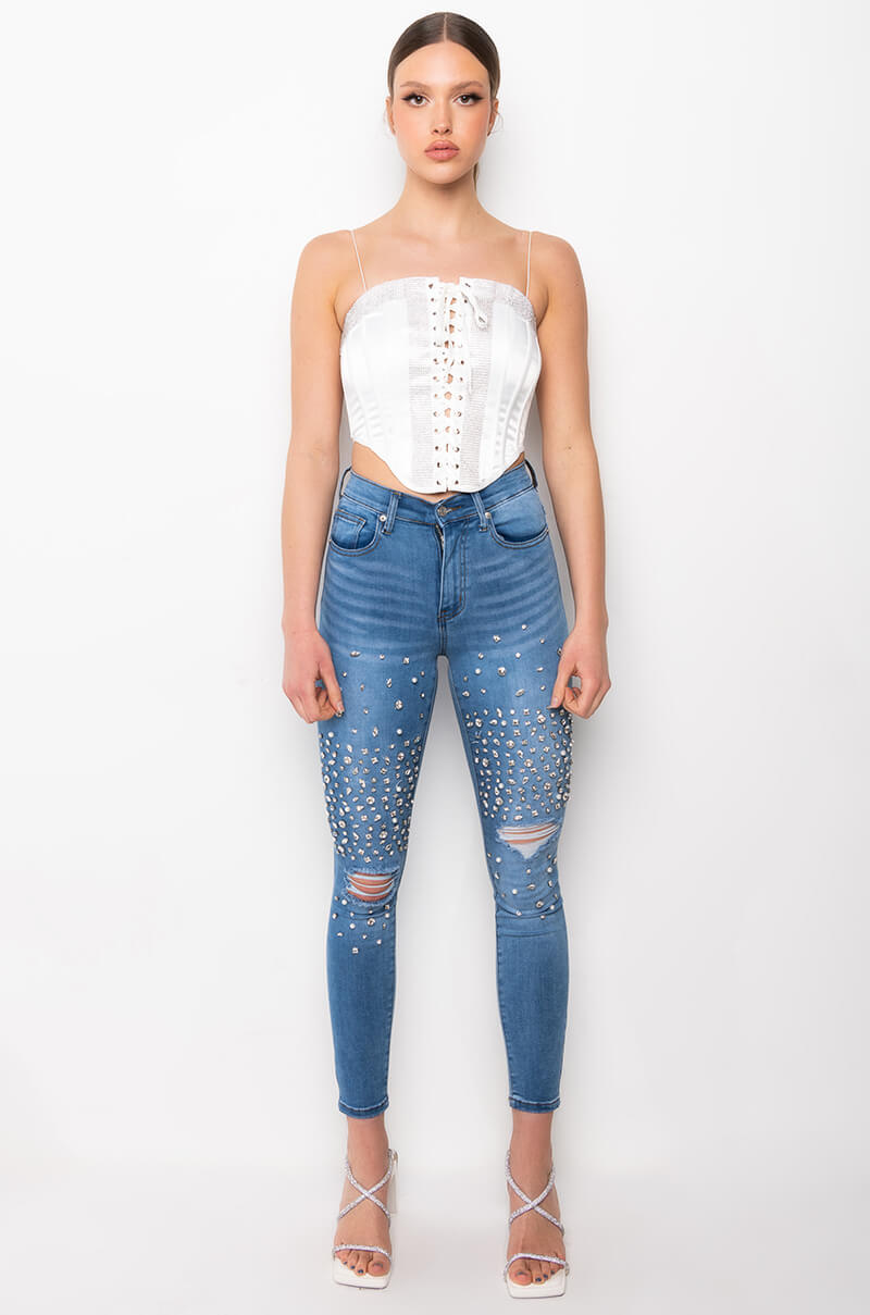 OUTTA THIS WORLD DISTRESSED RHINESTONE HIGH RISE SKINNY JEANS