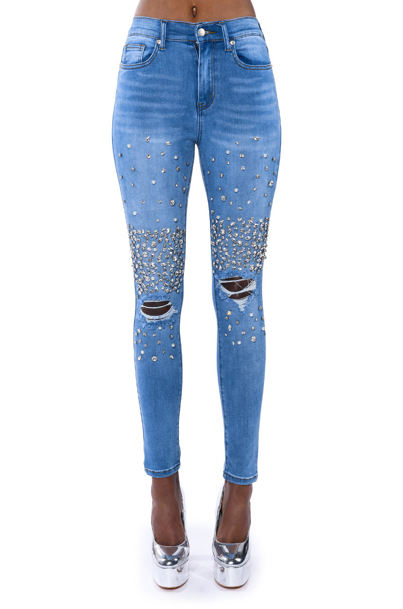 OUTTA THIS WORLD DISTRESSED RHINESTONE HIGH RISE SKINNY JEANS