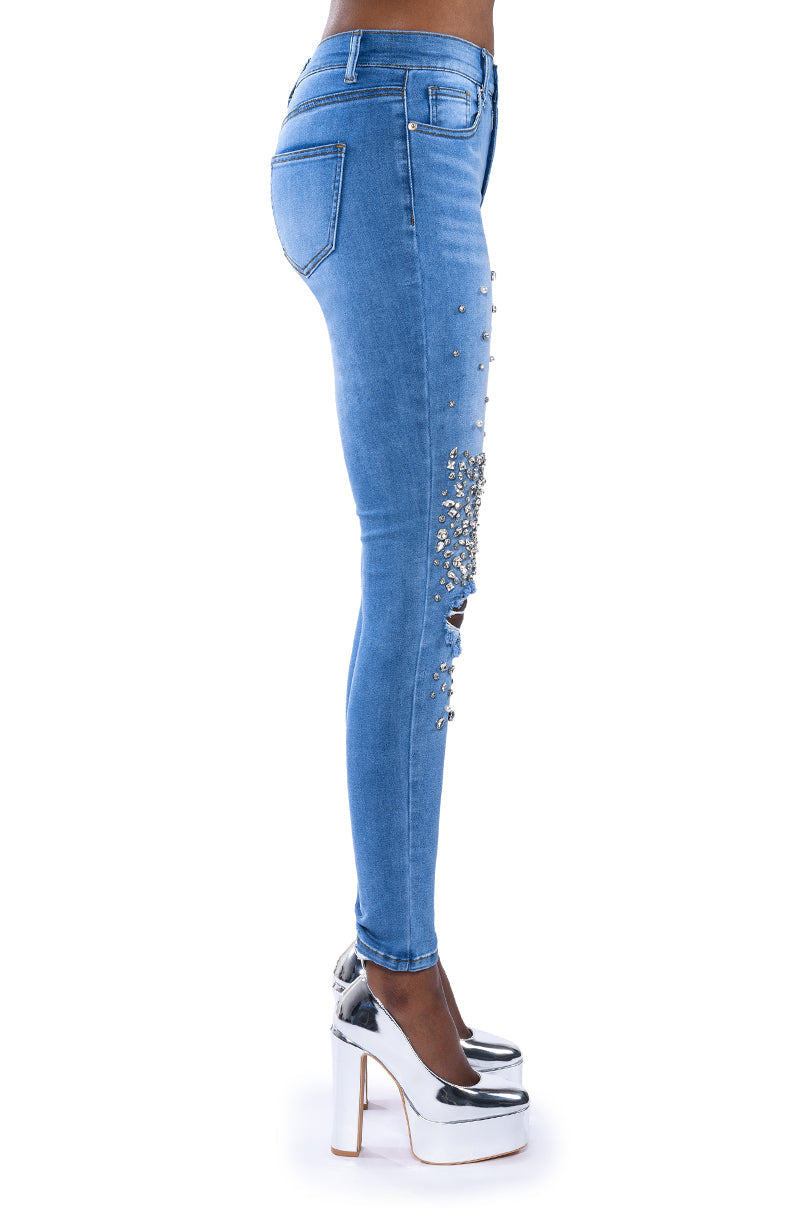 OUTTA THIS WORLD DISTRESSED RHINESTONE HIGH RISE SKINNY JEANS