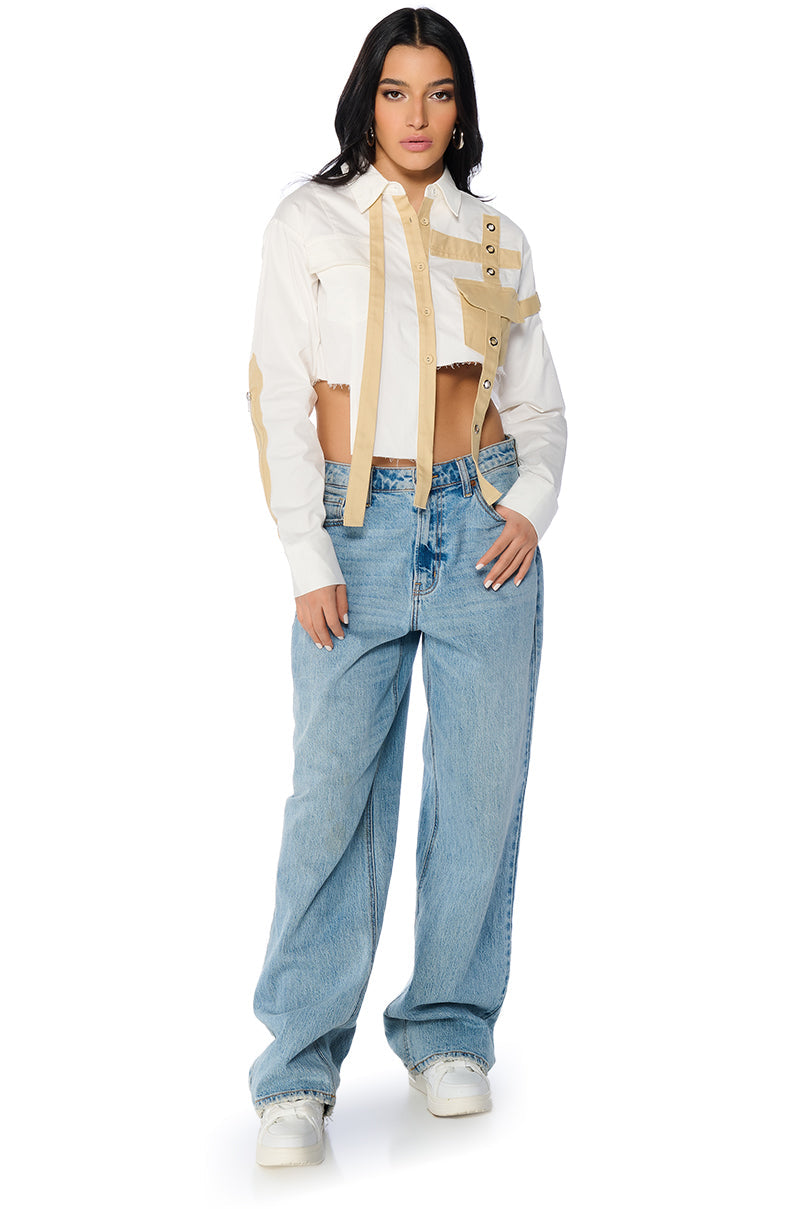 PARK STRAP DETAIL BUTTON DOWN BLOUSE IN WHITE MULTI