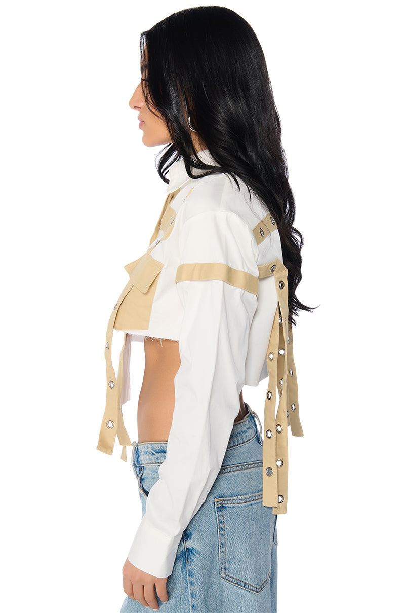 PARK STRAP DETAIL BUTTON DOWN BLOUSE IN WHITE MULTI