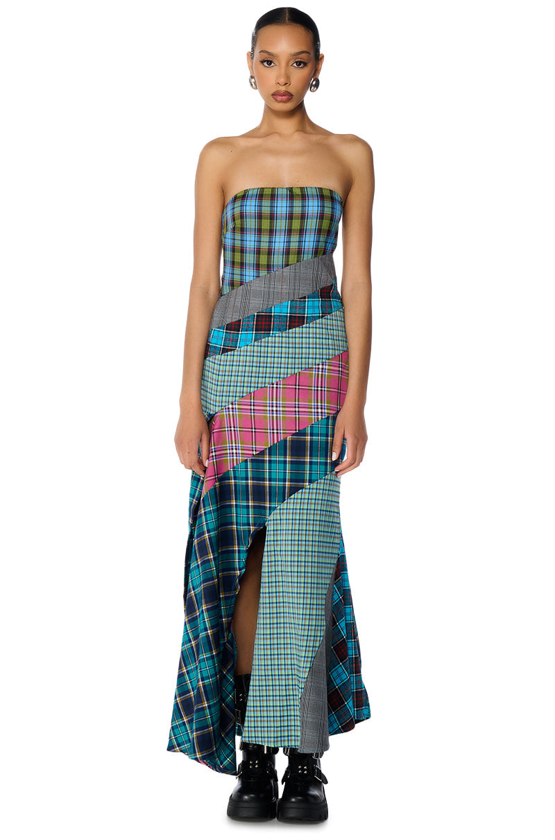 PATCHIN IT UP PLAID MAXI DRESS