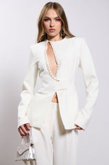 PEEK A BOO RHINESTONE ACCENT BLAZER IN WHITE