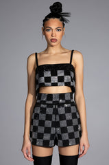 POP STAR CHECKERED RHINESTONE SHORT