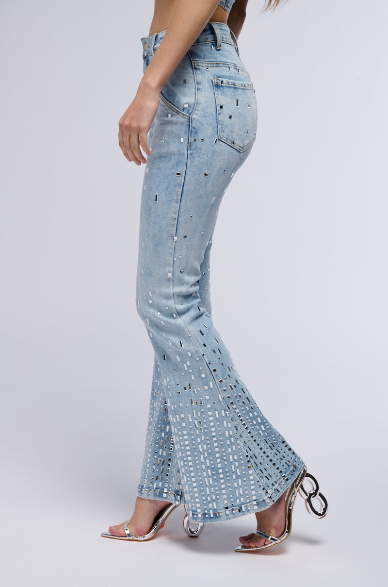 POPSTAR DENIM RHINESTONE FLARED PANT