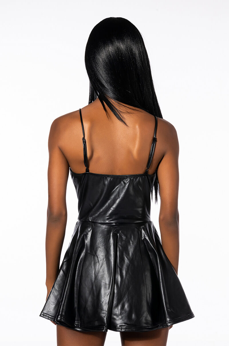 PRETTY WILD FIT AND FLARE FAUX LEATHER MINI DRESS