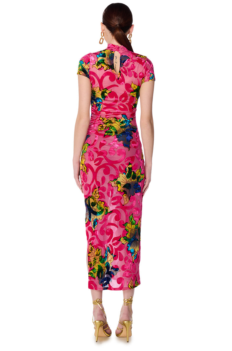 PRIYANKA PAISLEY BURNOUT MIDI DRESS IN PINK