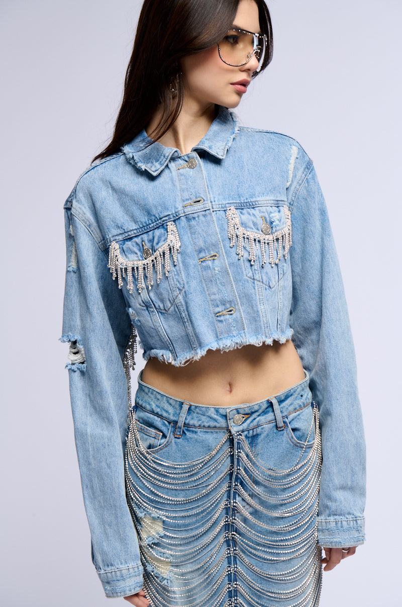PURE HAPPINESS RHINESTONE CROPPED DENIM JACKET IN BLUE