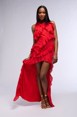 READY TO PARTY RUFFLED HIGH LOW MINI DRESS