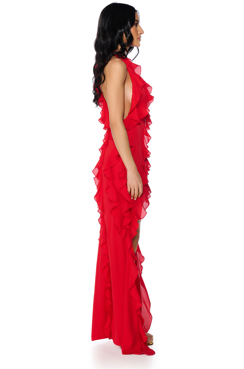 READY TO PARTY RUFFLED HIGH LOW MINI DRESS