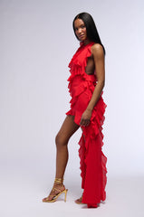 READY TO PARTY RUFFLED HIGH LOW MINI DRESS