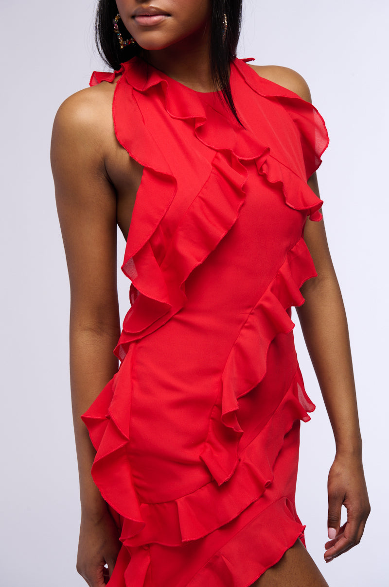 READY TO PARTY RUFFLED HIGH LOW MINI DRESS