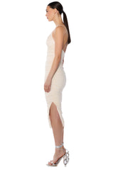REINA RUCHED MESH MIDI DRESS IN CREAM