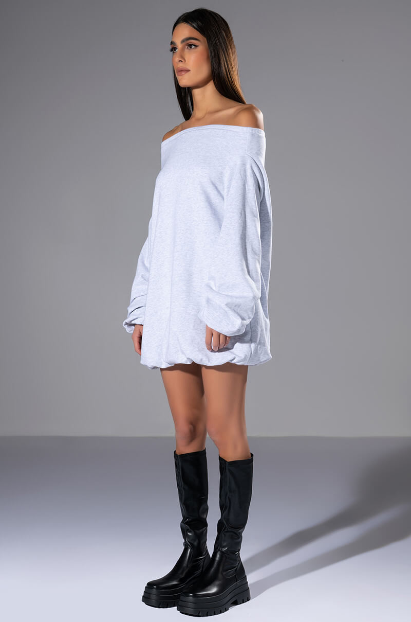 RELAXED CUTIE FRENCH TERRY OFF THE SHOULDER MINI DRESS