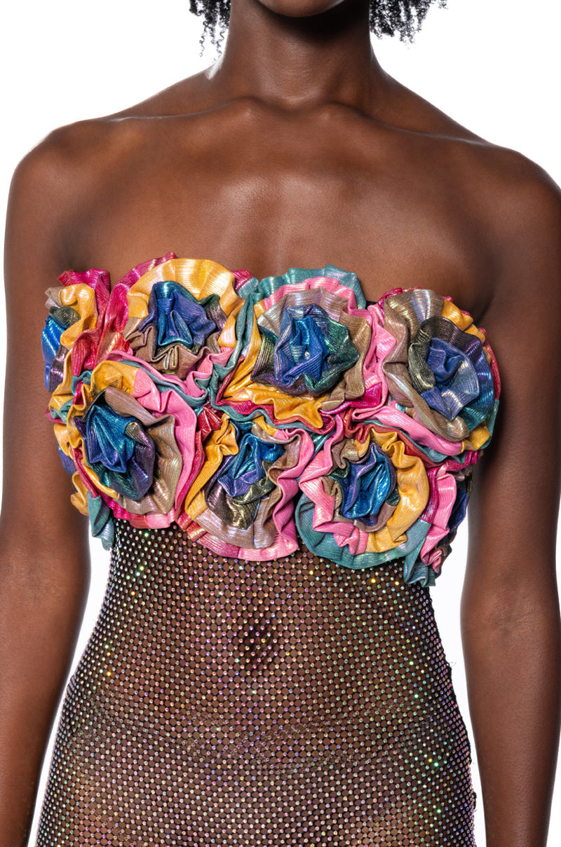 RENNAISANCE FLORAL RHINESTONE MESH MAXI DRESS