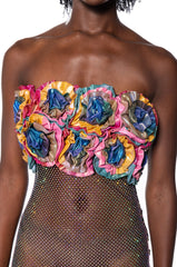 RENNAISANCE FLORAL RHINESTONE MESH MAXI DRESS