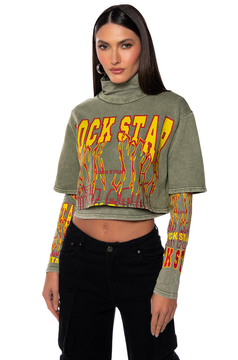 ROCK STAR GRAPHIC LAYERED TURTLE NECK TOP