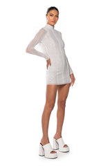 ROSALIE OPEN BACK FUR TRIM MESH MINI DRESS