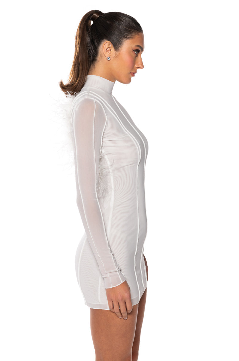 ROSALIE OPEN BACK FUR TRIM MESH MINI DRESS