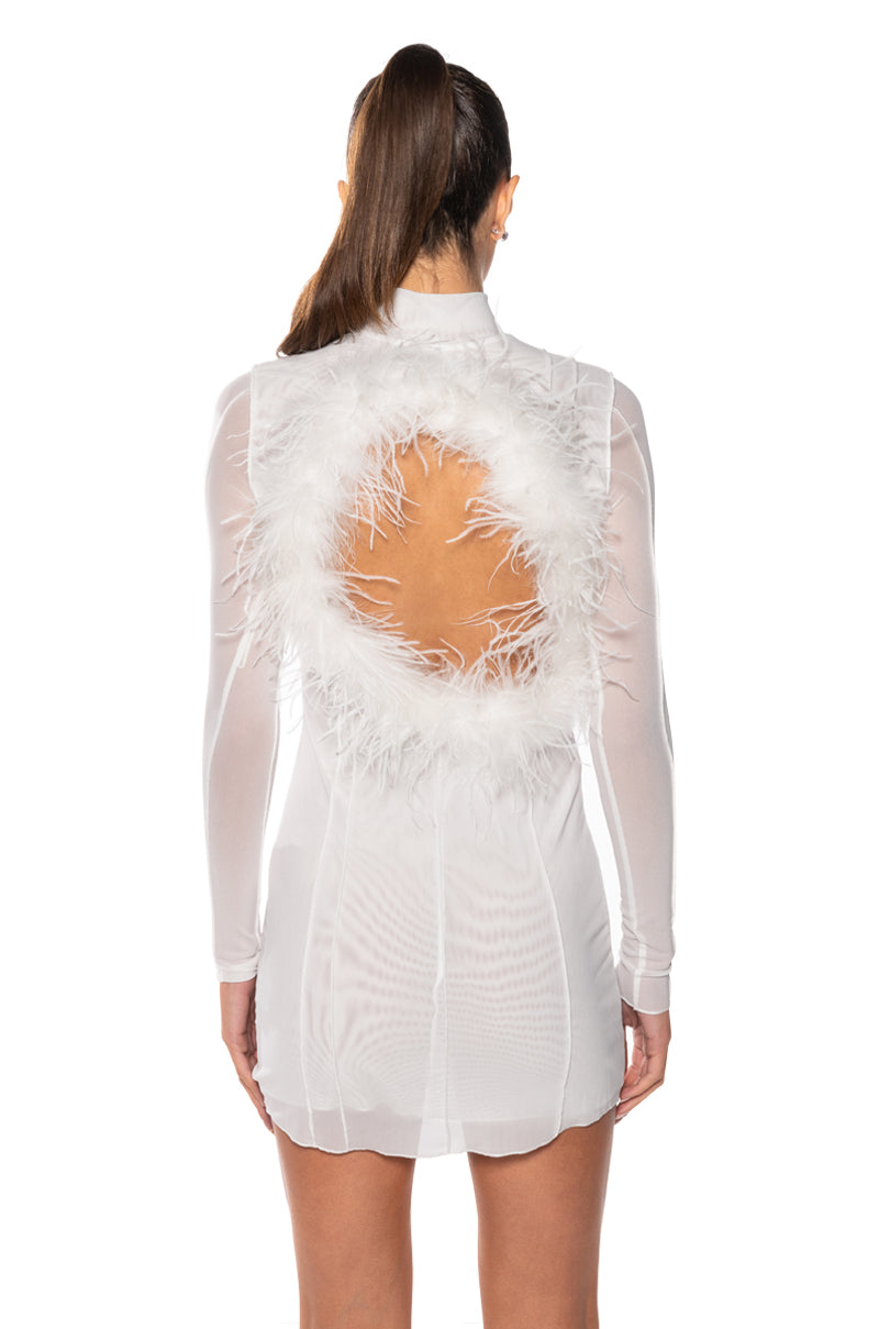 ROSALIE OPEN BACK FUR TRIM MESH MINI DRESS