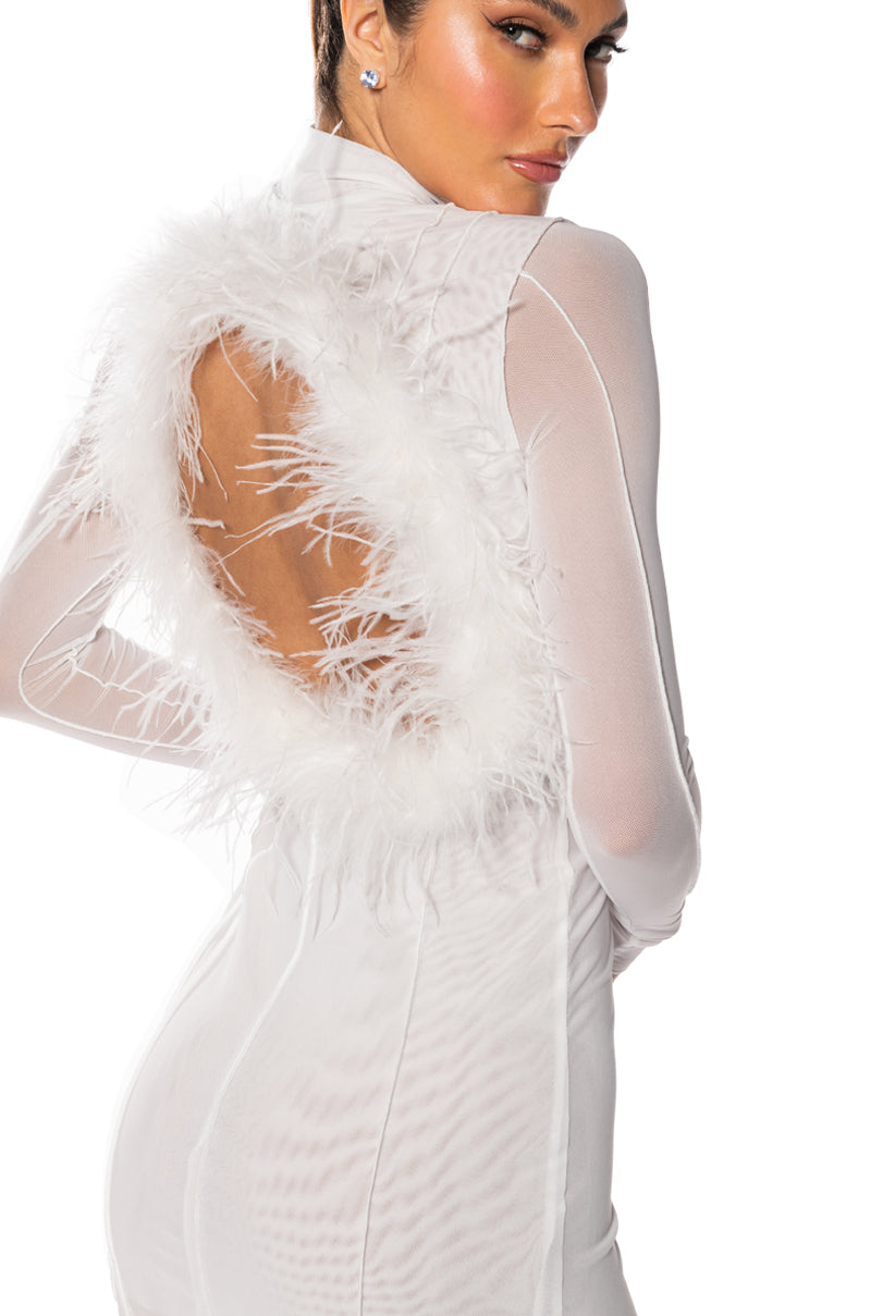 ROSALIE OPEN BACK FUR TRIM MESH MINI DRESS