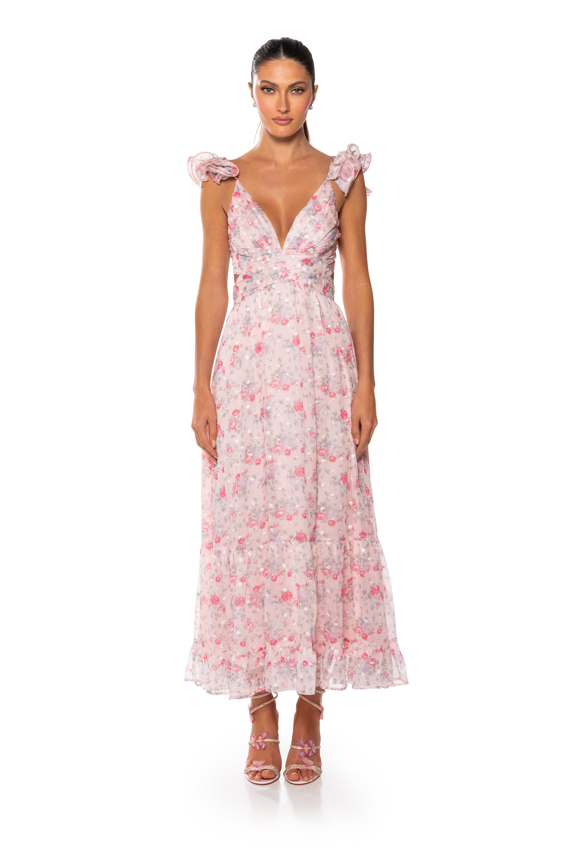 RUNAWAY RUFFLE FLORAL MAXI DRESS