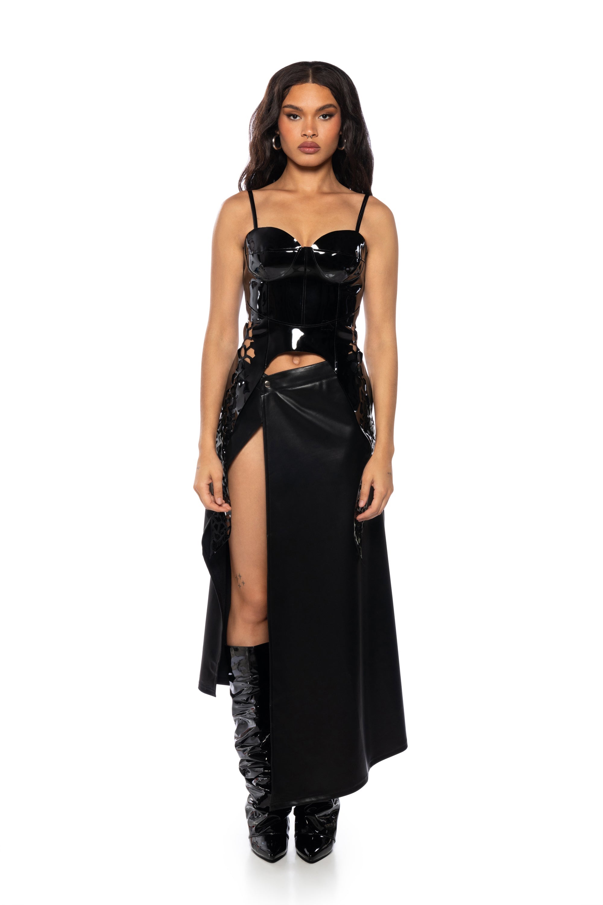 SAFE ON MY OWN VINYL CORSET TOP IN BLACK