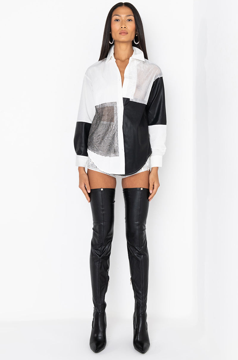 SAY IT AGAIN BUTTON UP BLOUSE WITH RHINESTONE TRIM