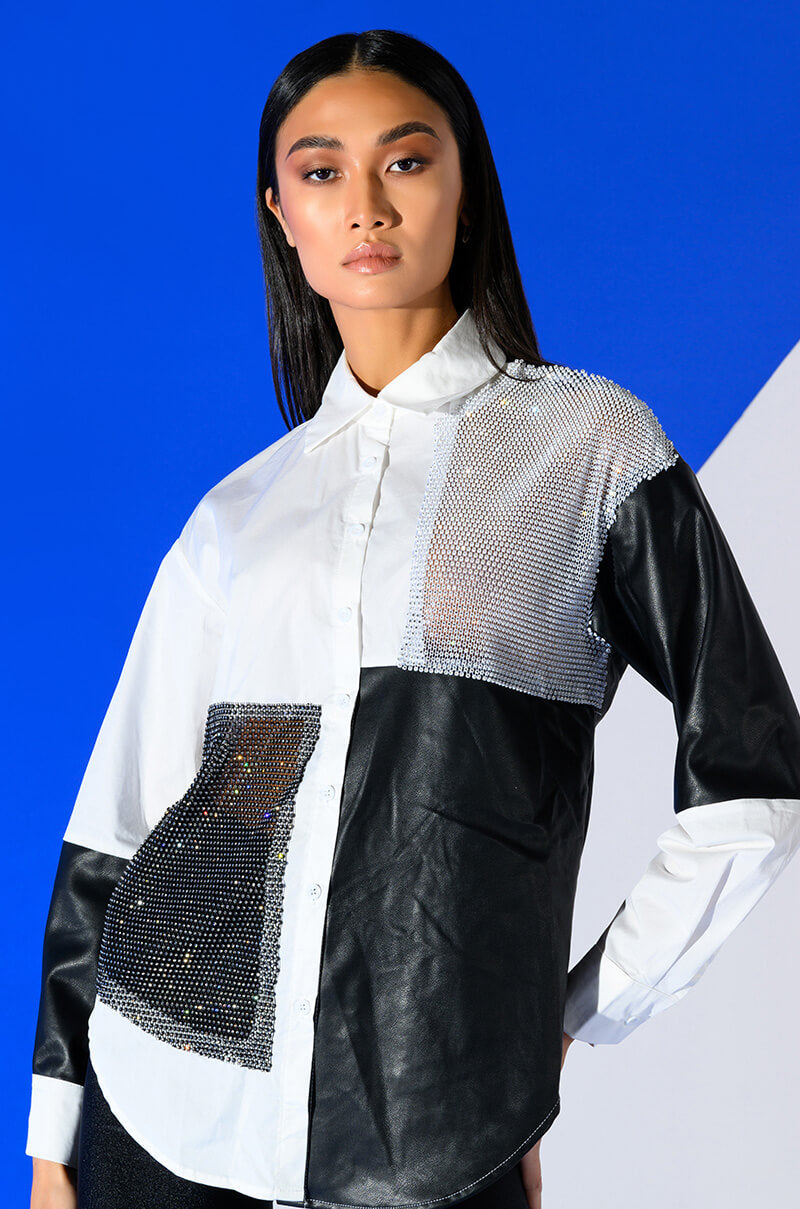 SAY IT AGAIN BUTTON UP BLOUSE WITH RHINESTONE TRIM