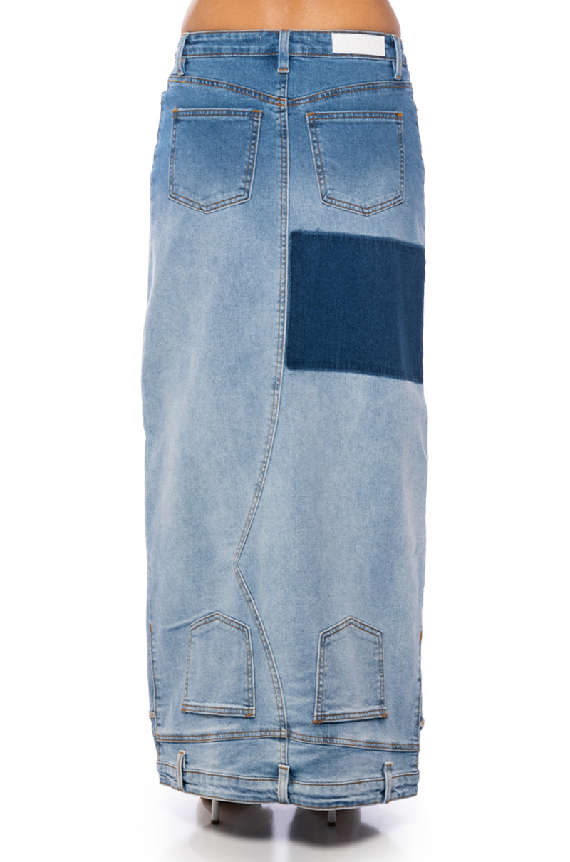 SEEING DOUBLE DENIM MAXI SKIRT
