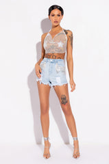 EVIE RHINESTONE MESH HALTER TOP