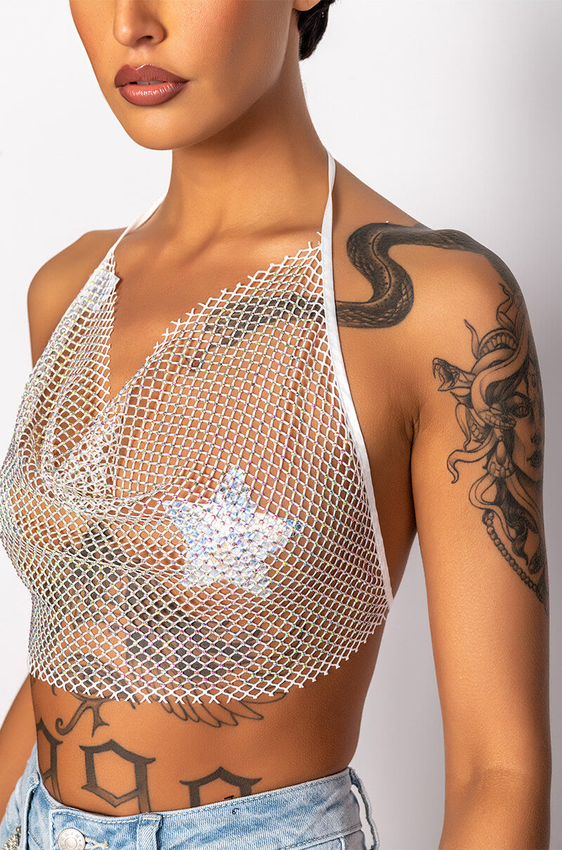 EVIE RHINESTONE MESH HALTER TOP
