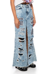 YOUR NEW FAVORITE DISTRESSED FLARED JEAN MIDI SKIRT