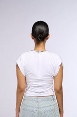 SLINKY SHORT SLEEVE RHINESTONE EMBELLISHED SHIRT