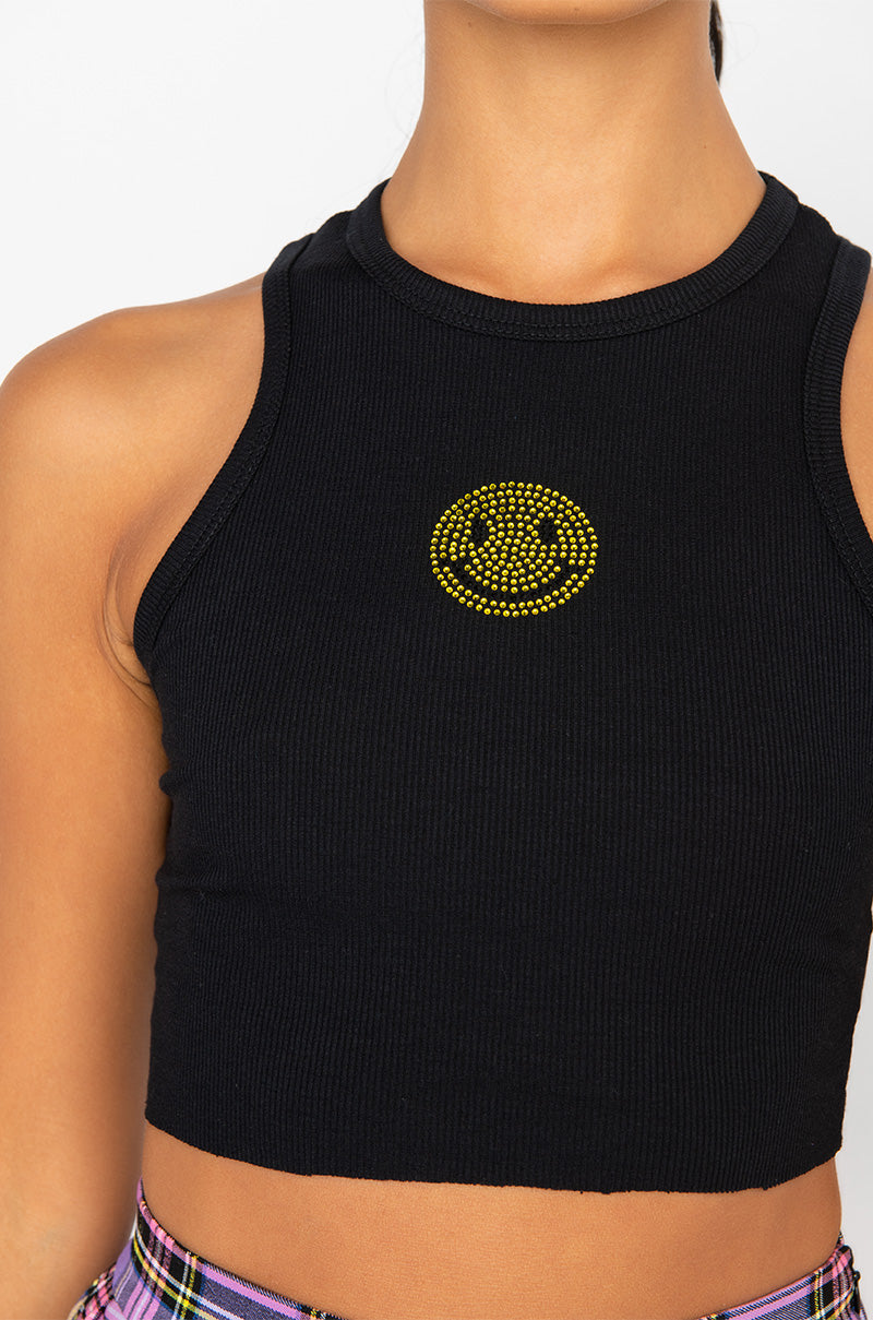 SMILEY FACE CROPPED RIB TANK