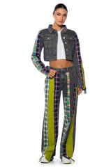 SOMETHIN NEW PLAID DETAIL WIDE LEG JEAN