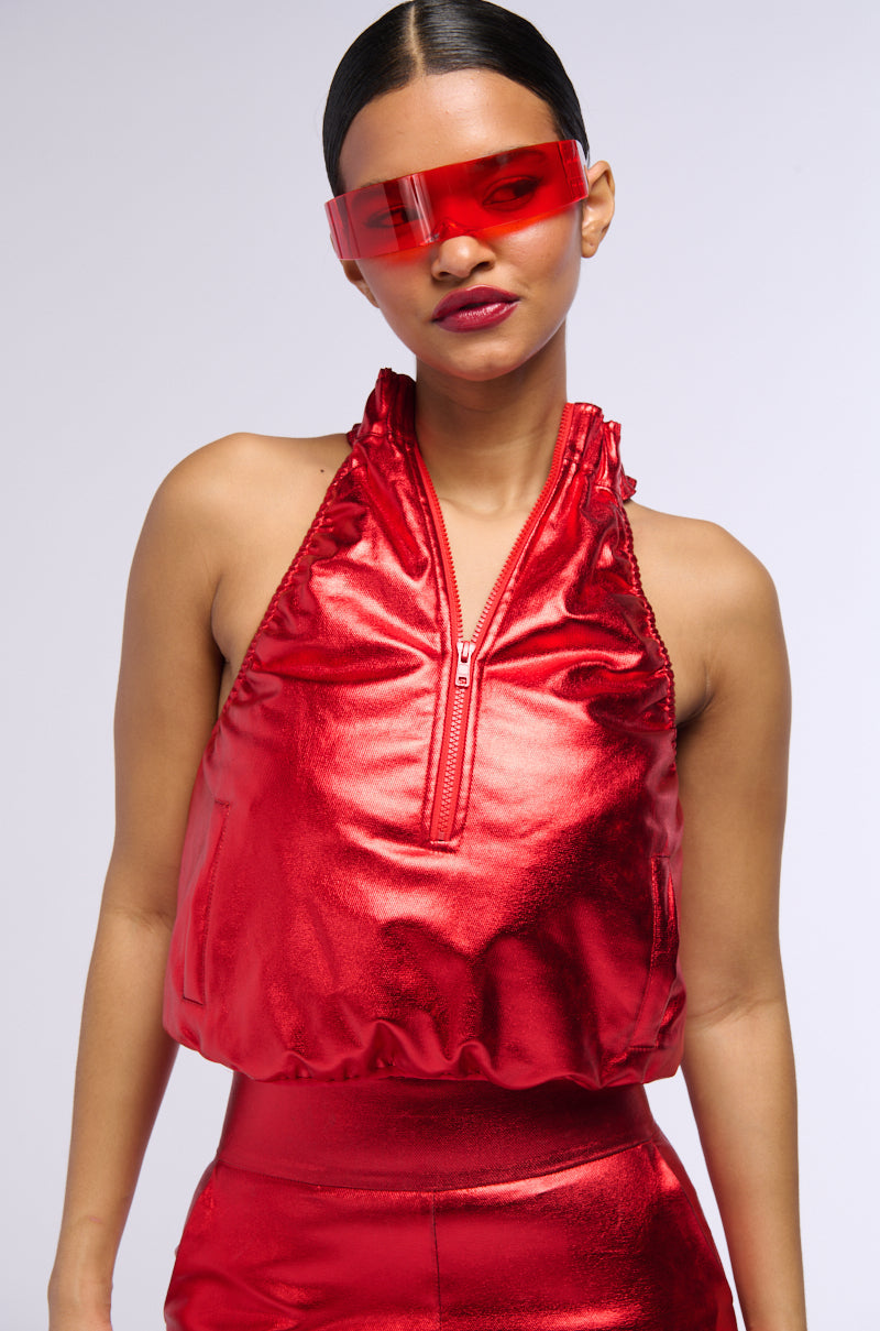 SPACE CADET SLEEVELESS METALLIC ZIP UP TOP IN RED