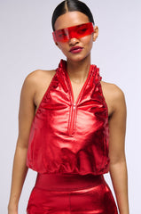 SPACE CADET SLEEVELESS METALLIC ZIP UP TOP IN RED