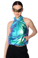 SPACE CADET SLEEVELESS ZIP UP TOP IN BLUE GREEN METALLIC