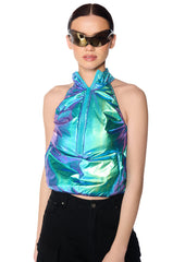 SPACE CADET SLEEVELESS ZIP UP TOP IN BLUE GREEN METALLIC