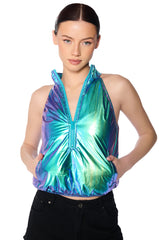 SPACE CADET SLEEVELESS ZIP UP TOP IN BLUE GREEN METALLIC