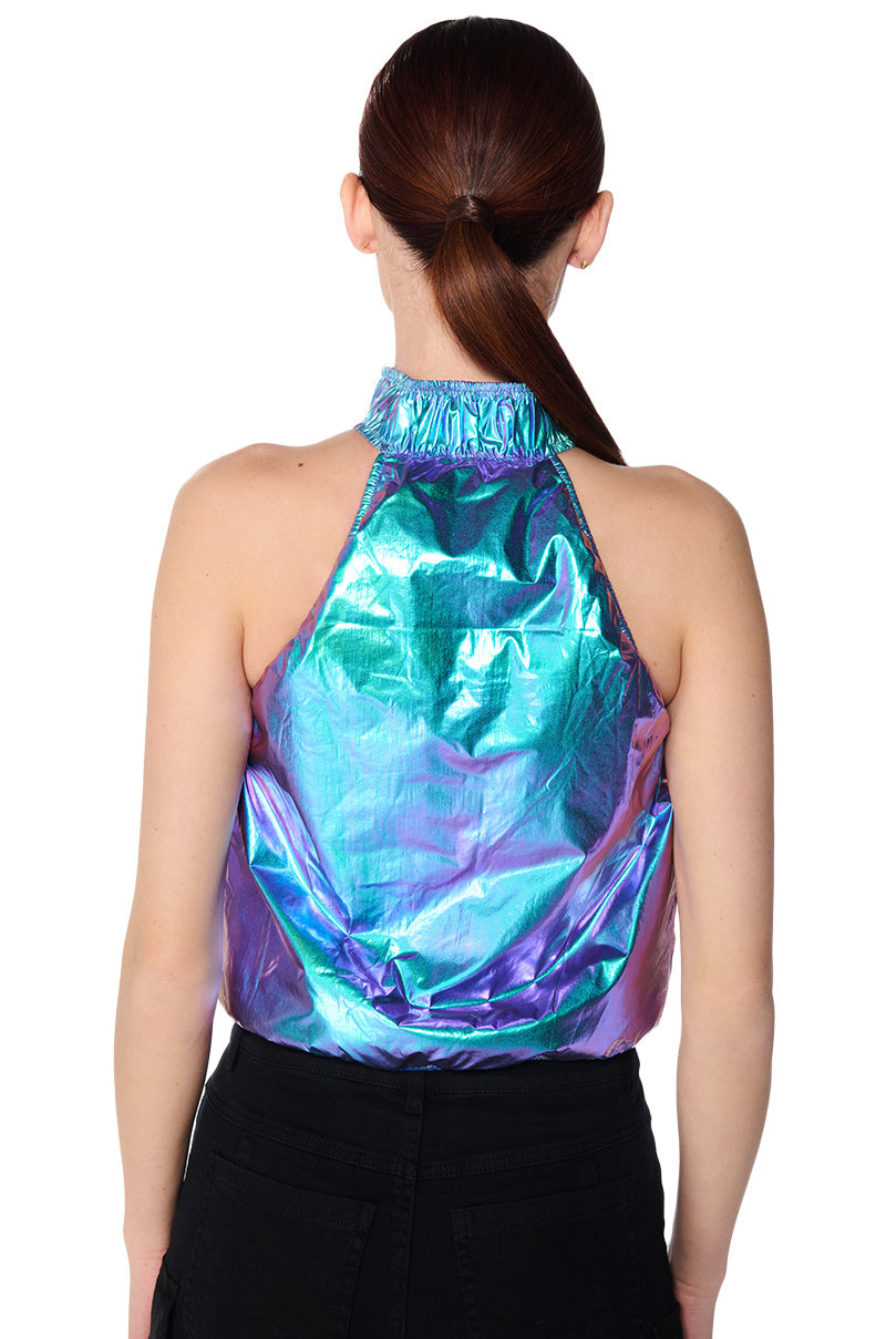 SPACE CADET SLEEVELESS ZIP UP TOP IN BLUE GREEN METALLIC
