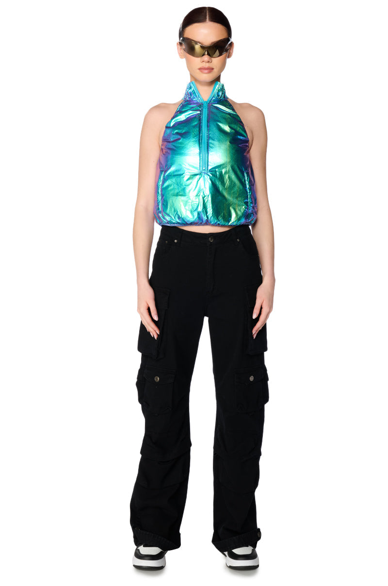 SPACE CADET SLEEVELESS ZIP UP TOP IN BLUE GREEN METALLIC