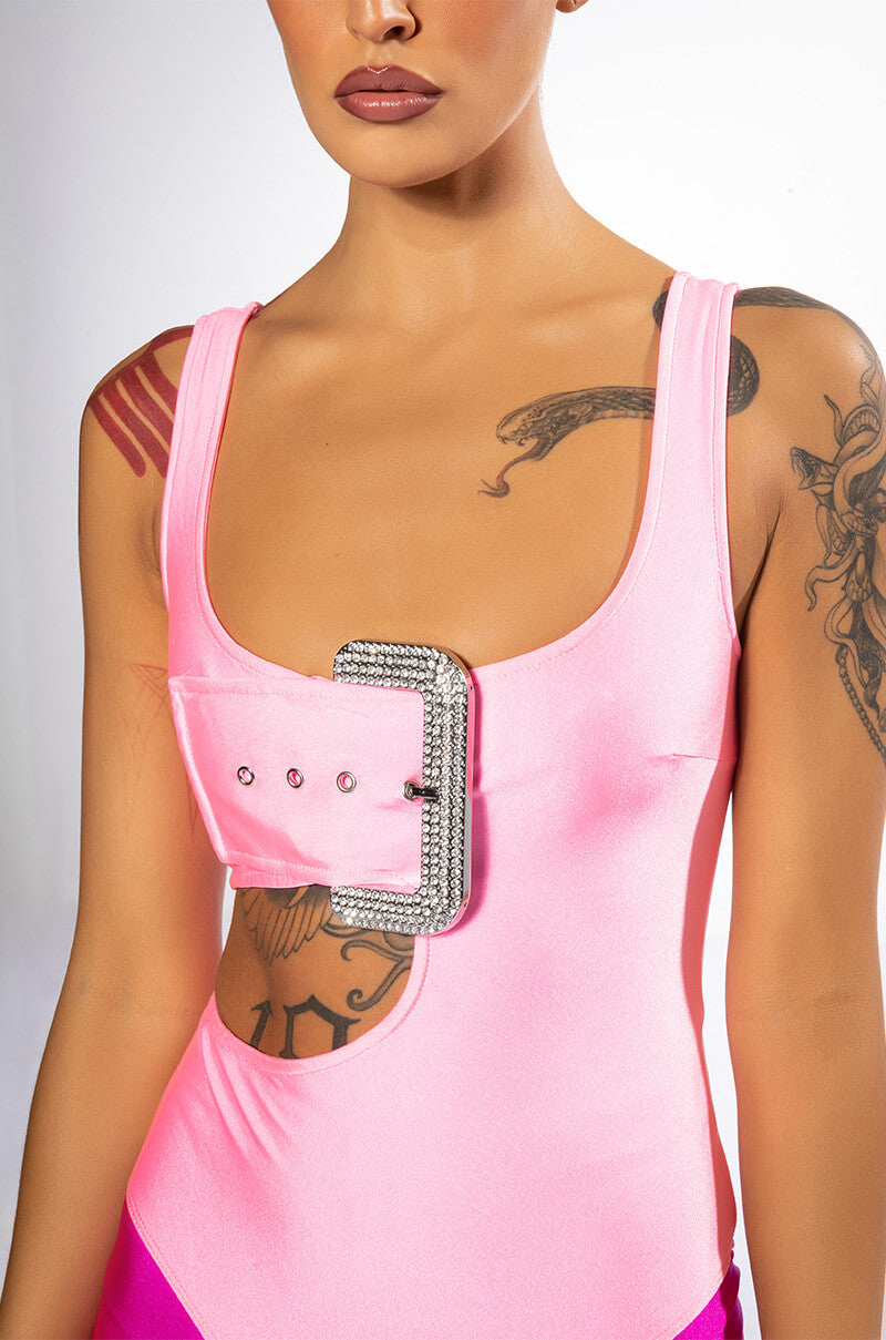 SPOTLIGHT BUCKLE DETAIL CUTOUT CHEEKY BODYSUIT
