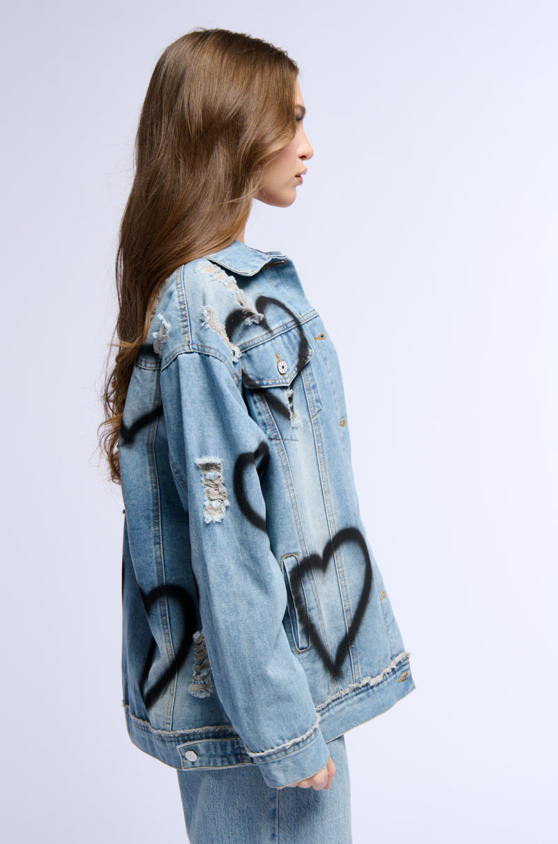 SPRAY PAINTED HEART OVERSIZED DENIM JACKET