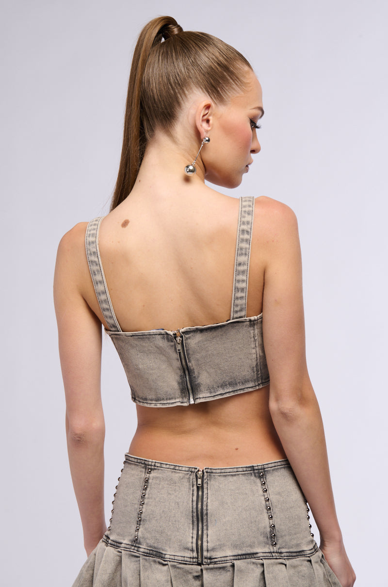 STAND ON MY BUSINESS MINERAL WASH DENIM STUDDED SLEEVELESS TOP