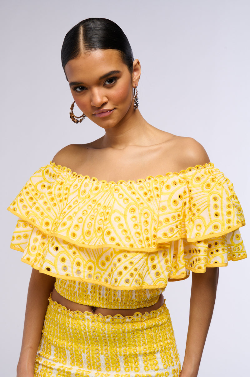 SUMMER LOVING OFF THE SHOULDER RUFFLE CROP BLOUSE IN YELLOW